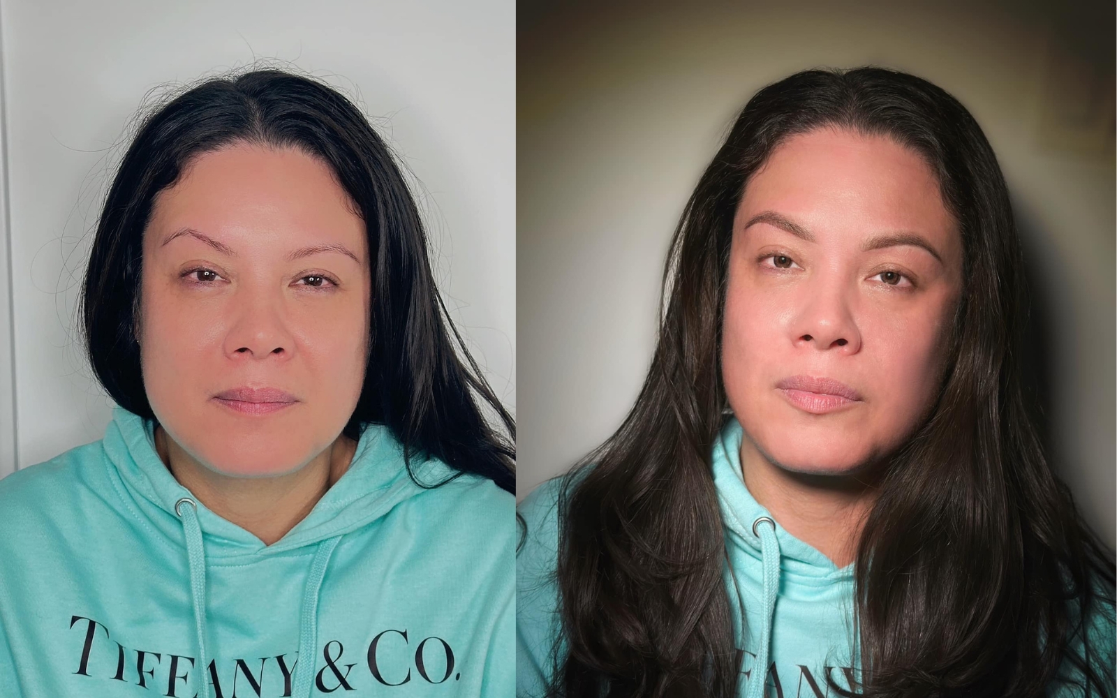 The before and after images depict the effects of powder brows treatment with a focus on correcting slight asymmetry. In the 'before' image on the left, the brows appear naturally uneven, while in the 'after' image on the right, the brows look more symmetrical and fuller, with a gentle makeup finish. The treatment enhances facial symmetry and provides a polished, balanced look