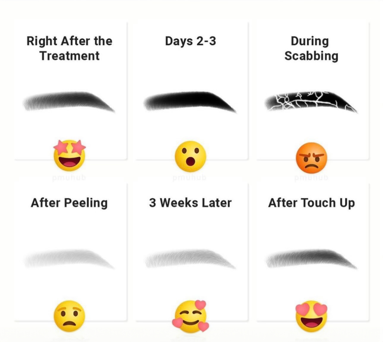 The healing stages of powder brows are shown, depicting the transition from immediate post-treatment appearance to the final healed result. Initially, brows appear very dark, then they may scab, which is a normal part of the healing process. As the scabs peel, the color lightens significantly, often causing temporary alarm. However, after about three weeks, the color settles into a softer tone. A touch-up session follows, where any adjustments in color or shape are made, resulting in the desired final appearance. This process is accompanied by various emoji reactions representing common feelings clients have during each stage.